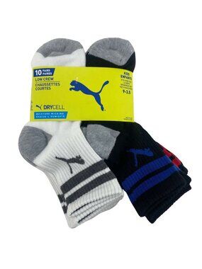 Puma Kids Low Crew Socks | 10 Pair | Black & White | Athletic | Size 9-3.5 *NEW